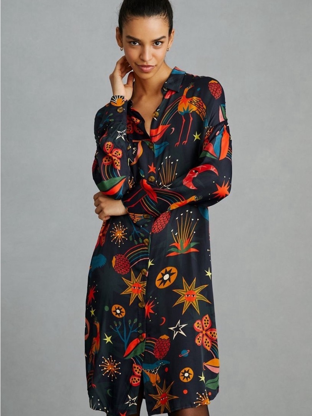 Printed Button-Front Shirt Dress in Black with Multicolor Motif